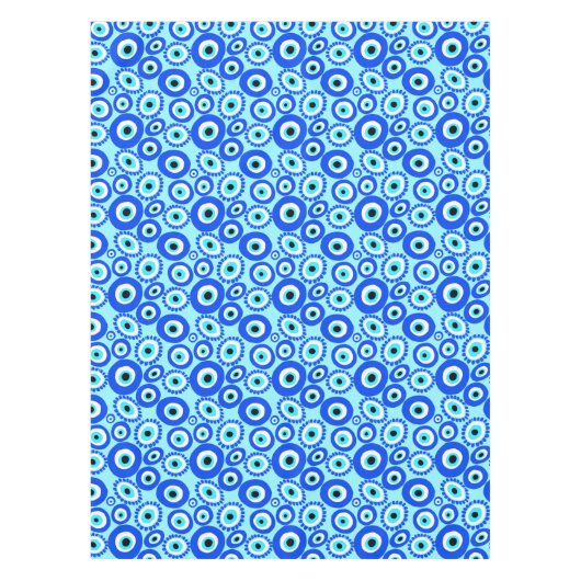 Farbenfrohe griechische Augapattern auf Aqua Blue Tischdecke (Vorderseite)