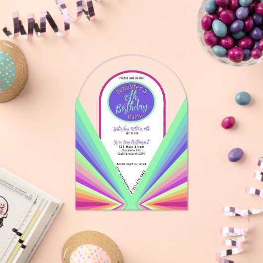 Farbenfrohe Groovy 70er Jahre Retro Birthday Arch Acryleinladungen (Insitu (Feier))