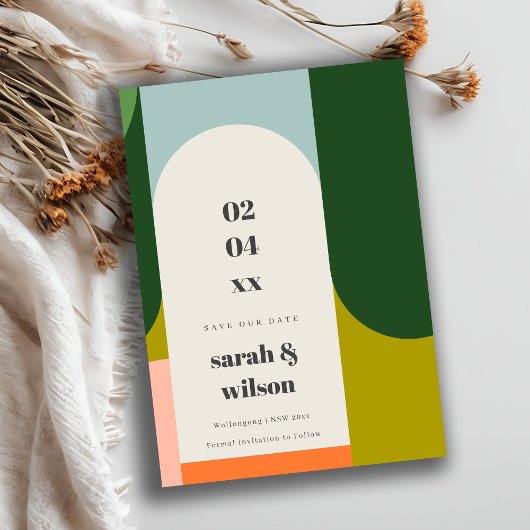 Farbenfrohe Groovy Retro Arch Abstrakt Rettete uns Einladung