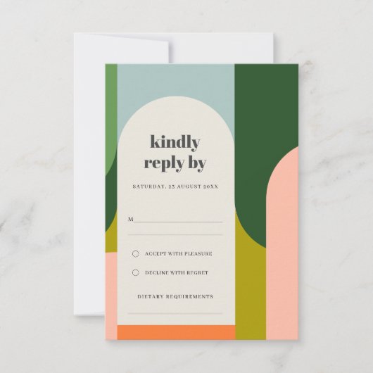 Farbenfrohe Groovy Retro Arch Abstrakte fette Hoch RSVP Karte (Vorderseite)