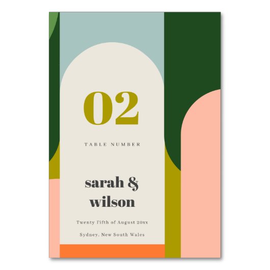 Farbenfrohe Groovy Retro Arch Abstrakte fette Hoch Tischnummer (Vorderseite)