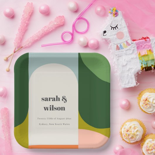 Farbenfrohe Groovy Retro Arch Abstrakte Hochzeit Pappteller (Party)