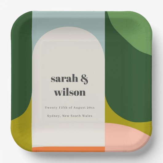 Farbenfrohe Groovy Retro Arch Abstrakte Hochzeit Pappteller (Vorderseite)