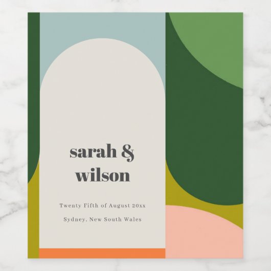 Farbenfrohe Groovy Retro Arch Abstrakte Hochzeit Weinetikett (Einzelnes Label)