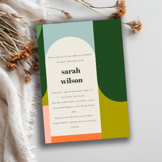 Farbenfrohe Groovy Retro Arch Abstraktes Brautpart Einladung