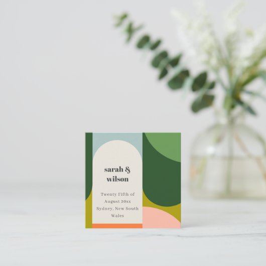 Farbenfrohe Groovy Retro Arch Bold Webseite für Ho Quadratische Visitenkarte (Stehend Vorderseite)