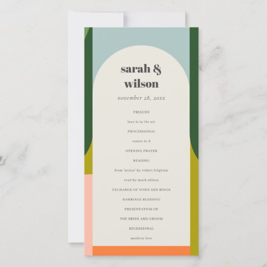 Farbenfrohe Groovy Retro Arch Bold Wedding Program Dankeskarte (Vorderseite)