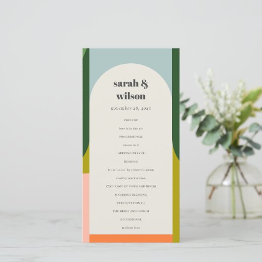 Farbenfrohe Groovy Retro Arch Bold Wedding Program Dankeskarte (Stehend Vorderseite)