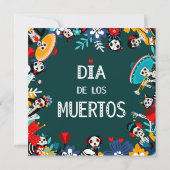Farbenfrohe grüne Dia de los Muertos Lebenslauf Einladung (Rückseite)
