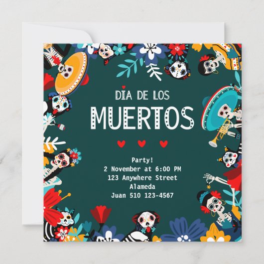 Farbenfrohe grüne Dia de los Muertos Lebenslauf Einladung (Vorderseite)