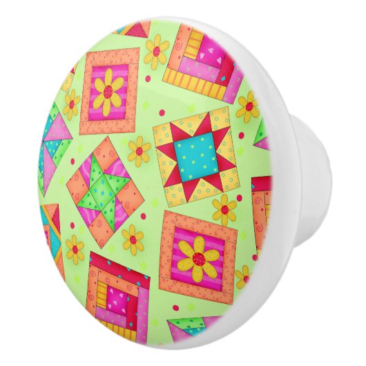 Farbenfrohe, grüne Quilt Patchwork Blockkunst Keramikknauf (Rechts)