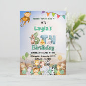 Farbenfrohe grüne und blaue Safari Thema 6. Geburt Einladung (Stehend Vorderseite)