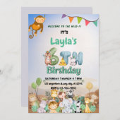 Farbenfrohe grüne und blaue Safari Thema 6. Geburt Einladung (Vorne/Hinten)