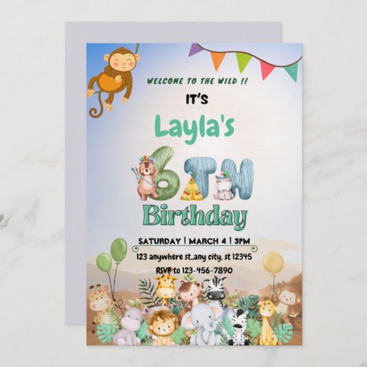 Farbenfrohe grüne und blaue Safari Thema 6. Geburt Einladung (Vorne/Hinten)