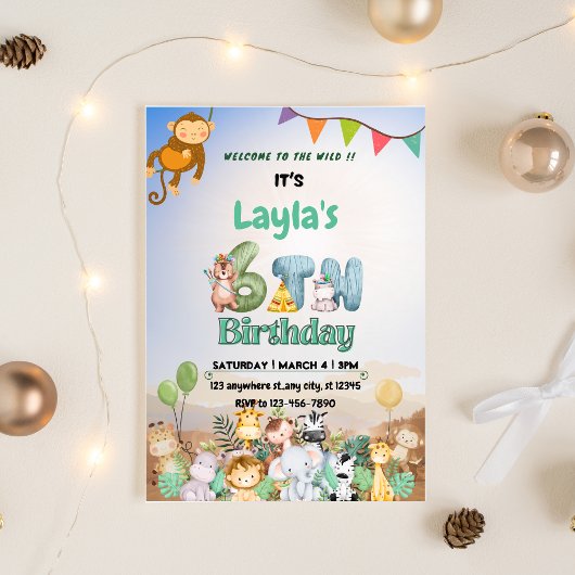Farbenfrohe grüne und blaue Safari Thema 6. Geburt Einladung
