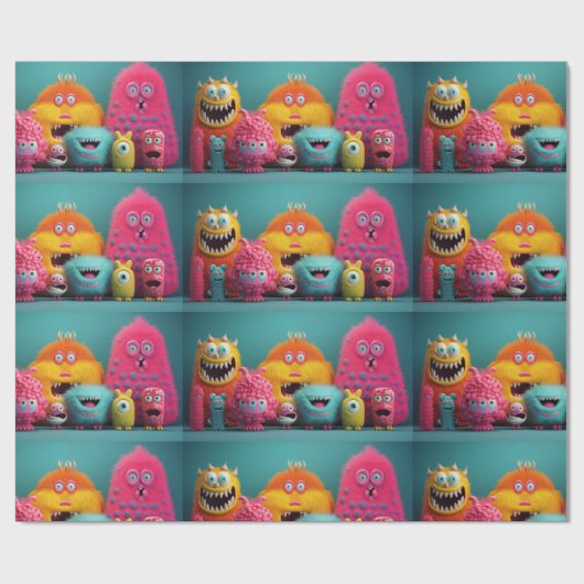 Farbenfrohe, haarige Monster in hellen Farben Geschenkpapier (Flach)