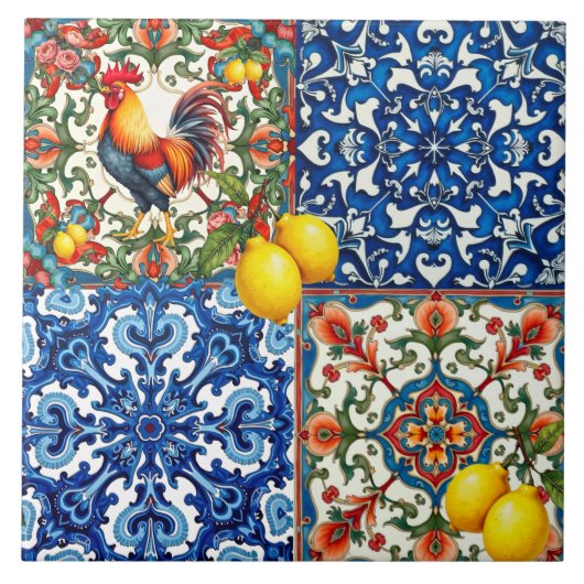 Farbenfrohe Hahn, mediterran, mosaik, Zitrone, Fliese (Vorderseite)