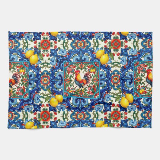 Farbenfrohe Hahn, mediterran, mosaik, Zitrone, Geschirrtuch (Horizontal)