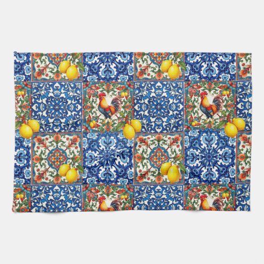 Farbenfrohe Hahn, mediterran, mosaik, Zitrone, Geschirrtuch (Horizontal)