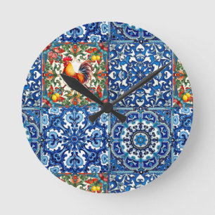 Farbenfrohe Hahn, mediterran, mosaik, Zitrone, Runde Wanduhr
