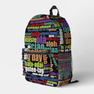 Farbenfrohe Hallo in vielen Sprachen Word Cloud Bedruckter Rucksack