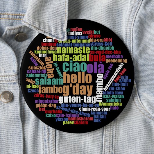 Farbenfrohe Hallo in vielen Sprachen Word Cloud Button (Beispiel)