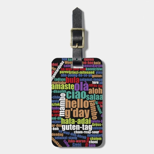 Farbenfrohe Hallo in vielen Sprachen Word Cloud Gepäckanhänger (Vorderseite vertikal)