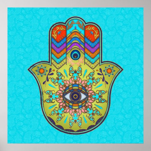 Farbenfrohe Hamsa Hand mit Pisley Poster (Vorne)
