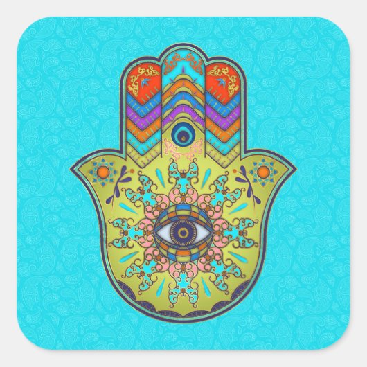 Farbenfrohe Hamsa Hand mit Pisley Quadratischer Aufkleber (Vorderseite)