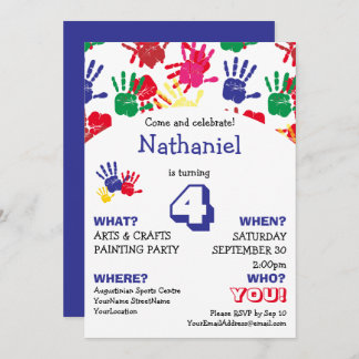 Farbenfrohe Handdrucke Kindergeburtstag Party Einladung