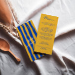 Farbenfrohe handgeschriebene italienische Pinstrip Menükarte<br><div class="desc">Ein buntes Retro funky modernes blau und gelb geschriebenes Menü . Und handgezeichnete gelbe und blaue Nadelstreifen auf der Rückseite. Perfekt und passend zur Suite. Hochzeitsmenü. Das Design ist schick,  Vintag,  gelb und blau.</div>