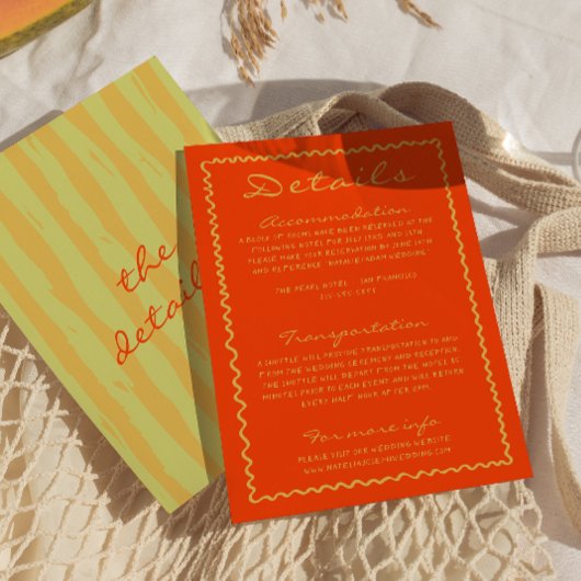 Farbenfrohe handgeschriebene Pinstripe Hochzeitsde Begleitkarte