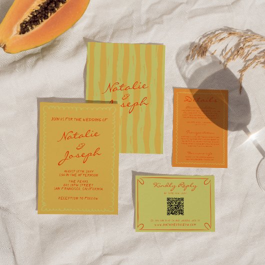 Farbenfrohe handgeschriebene Pinstripe Whimsical W Einladung