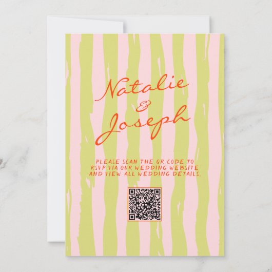 Farbenfrohe handgeschriebene Pinstripes QR-Code Ho Einladung (Rückseite)