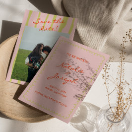 Farbenfrohe handgeschriebene Retro Pinstripe Foto  Save The Date