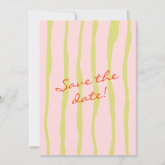 Farbenfrohe handgeschriebene Retro Pinstripes Fun Save The Date (Vorderseite)