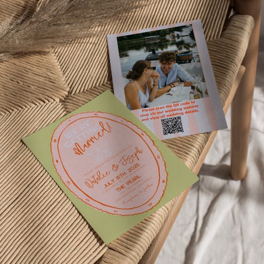 Farbenfrohe handgezeichnete Foto QR Code Hochzeit Einladung