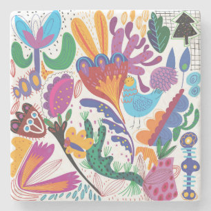 Farbenfrohe handgezogene Blumen und Pflanze Steinuntersetzer