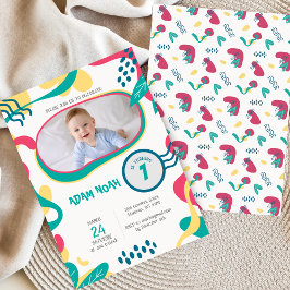 Farbenfrohe Handzeichnung 1. Geburtstag Foto Einla Einladung