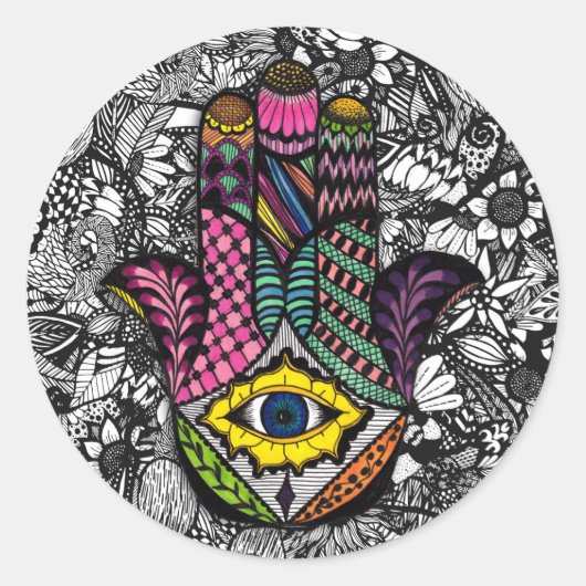 Farbenfrohe Handzeichnung Hamsa Hand und Blumenzei Runder Aufkleber (Vorderseite)