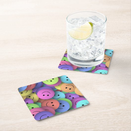 Farbenfrohe Happy Faces Emoji Art Rechteckiger Pappuntersetzer (Vor Ort)
