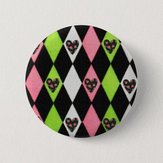 Farbenfrohe Harlequin Print mit Rose Herz Button (Vorderseite)