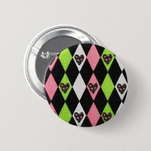 Farbenfrohe Harlequin Print mit Rose Herz Button (Vorne & Hinten)