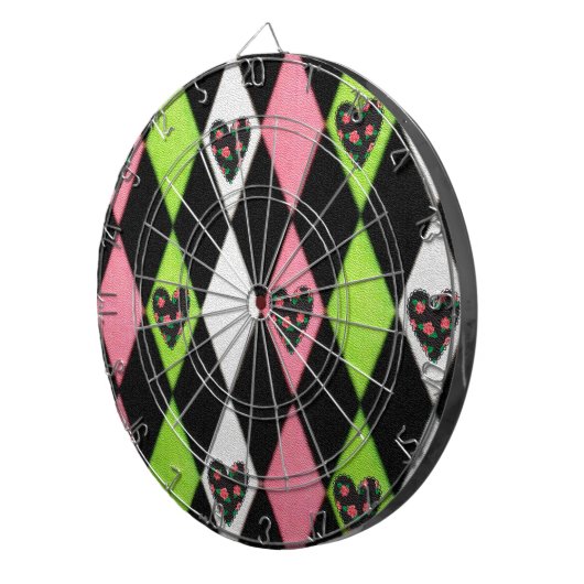 Farbenfrohe Harlequin Print mit Rose Herz Dartscheibe (Vorderseite rechts)
