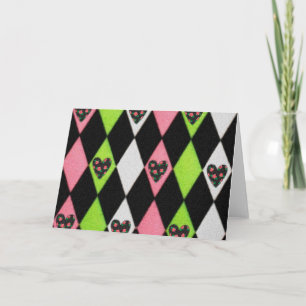 Farbenfrohe Harlequin Print mit Rose Herz Feiertagskarte