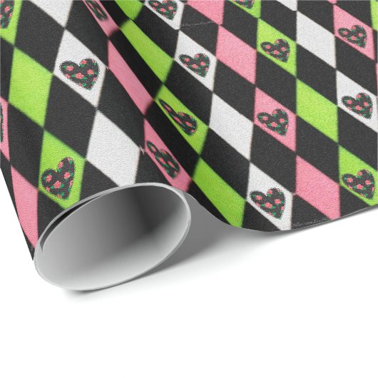 Farbenfrohe Harlequin Print mit Rose Herz Geschenkpapier (Rolleneckpunkt)