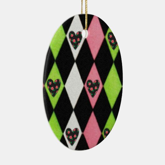 Farbenfrohe Harlequin Print mit Rose Herz Keramikornament (Rechts)