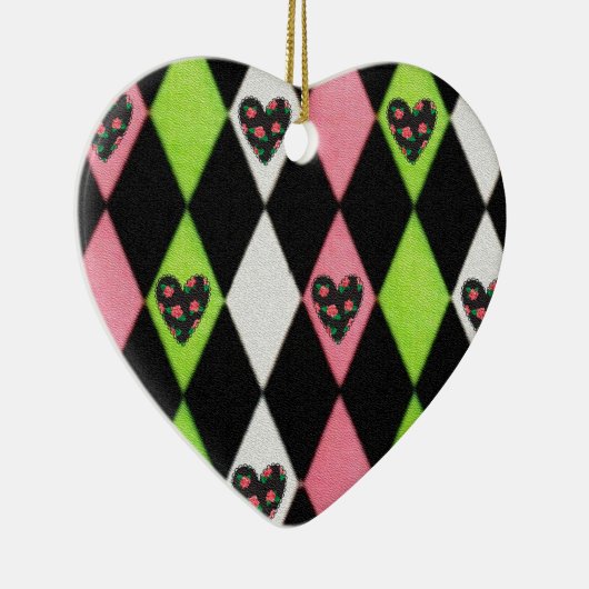 Farbenfrohe Harlequin Print mit Rose Herz Keramikornament (Rechts)
