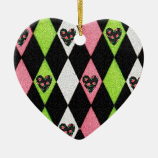 Farbenfrohe Harlequin Print mit Rose Herz Keramikornament (Vorne)