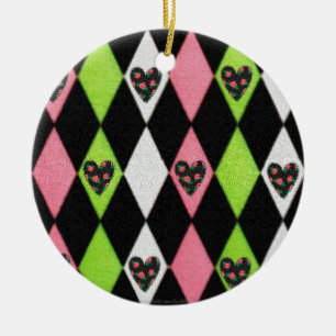 Farbenfrohe Harlequin Print mit Rose Herz Keramikornament